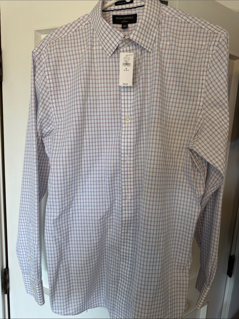 Banana Republic Men’s White Button-Down with Blue and Pink Check NWT